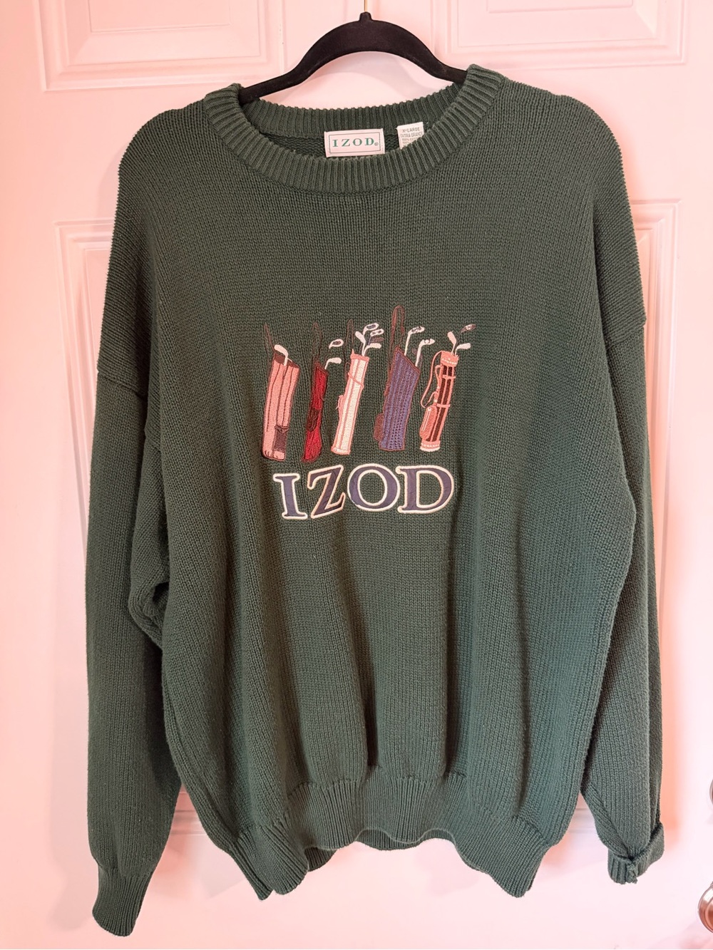 Izod Men's Dark Green Crewneck Sweater with Golf Bag Embroidery